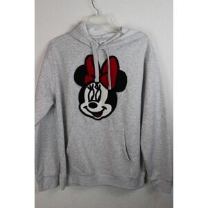 Disney Minnie Mouse Grey Hoodie Sweatshirt Graphic Patch Pullover Women's Size L